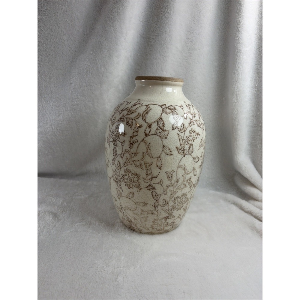 10.5" Cream & Brown Floral Ceramic Vase Vintage Style Crackle Glaze Urn Decor